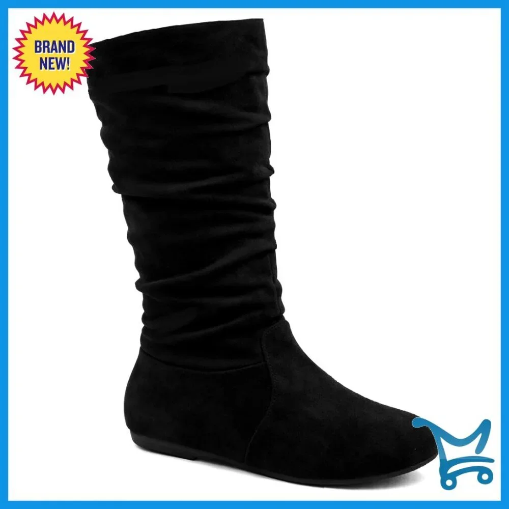 Mid-Calf Boots Slouchy Flat Heel Synthetic Faux Suede Zip Closure